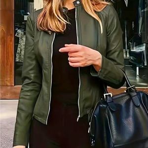 Olive green Faux Leather Crop Jacket